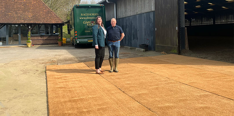 Anna from Make An Entrance delivering coir mats to Clive Cox at his Racing Stables to protect their horses.