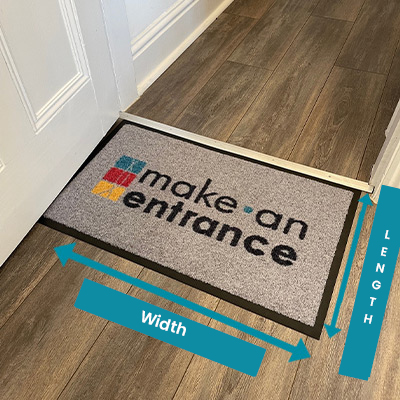 A personalised doormat highlighting the difference between length (top to bottom) and width (left to right).