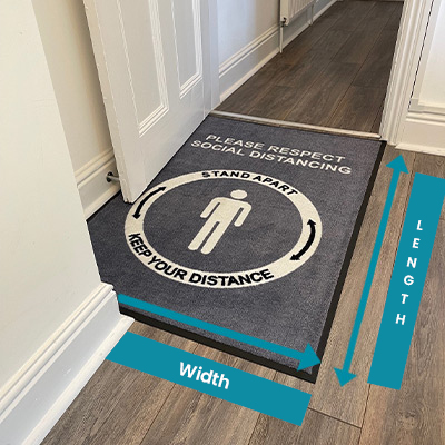 A personalised doormat highlighting the difference between length (top to bottom) and width (left to right). 